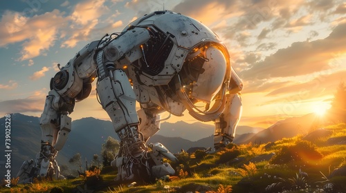Futuristic Robot in a Hyper-Realistic Field at Sunset photo