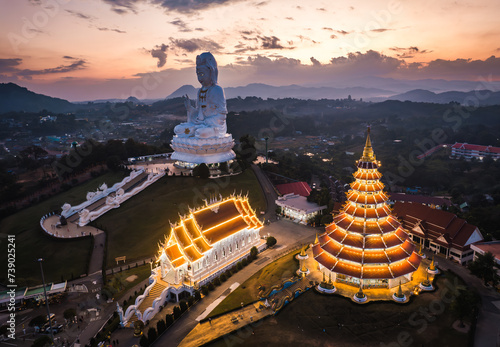 Aerial view of Wat Huay Pla Kang  Goddess of Mercy  in Chiang Rai  Thailand
