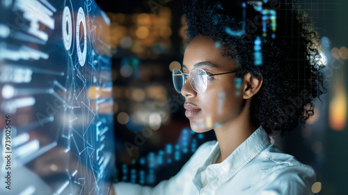 A woman sitting in front of a computer. Technology. Overlaid highlights. High Technology and futuristic. Hologram display.