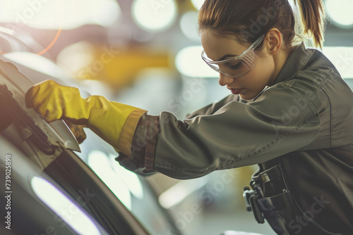 Automotive Expertise: Woman Working at Car Service 