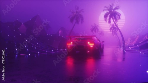 SynthWave Style Futuristic Background of Riding Sports Car at Foggy landscape photo