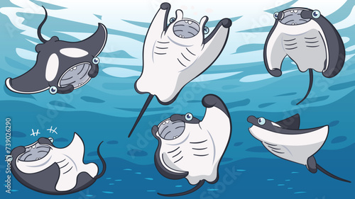 Set of Manta Ray Cartoon Bundle, The Sea Life in The Ocean Background