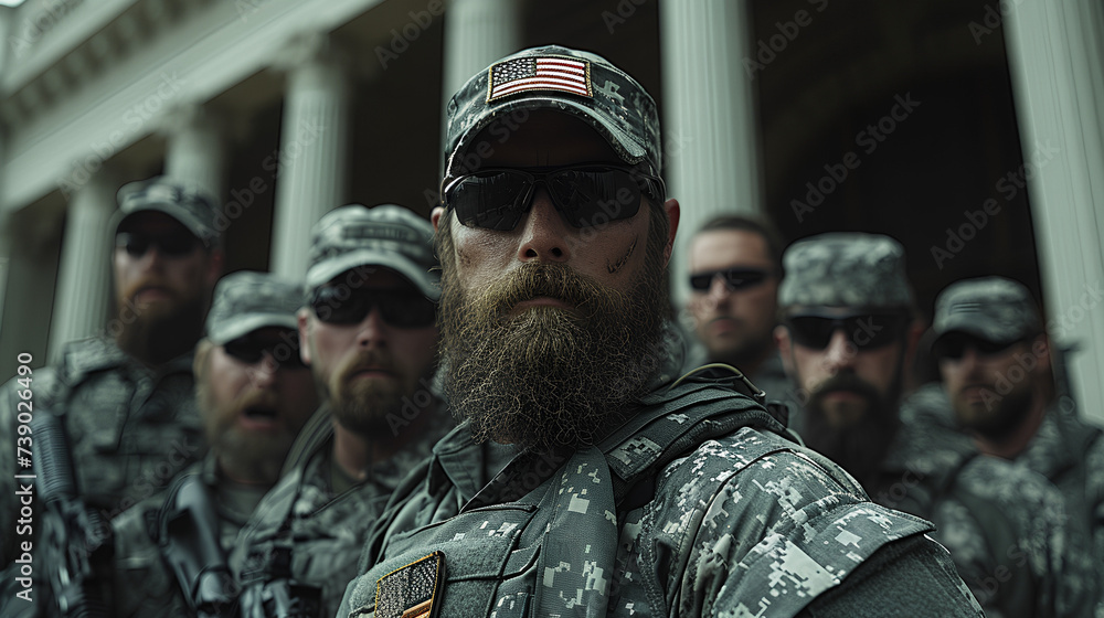 Fototapeta premium Political polarization - America divided - secession - civil war - conflict between the states - red versus blue - conservative versus liberal - militia - army - rally - soldier