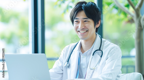 ノートパソコンで笑顔でオンライン診察をする男性医師