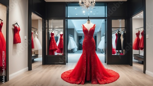 Beautiful red intimate formal mini dress gown with spotlight in middle of a luxurious bridal shop setting from Generative AI photo