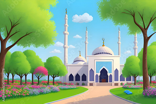 Beautiful and colorful illustration of a mosque with trees, flowers and peaceful sky, amazing, serene, tranquil, vibrant © Imejing