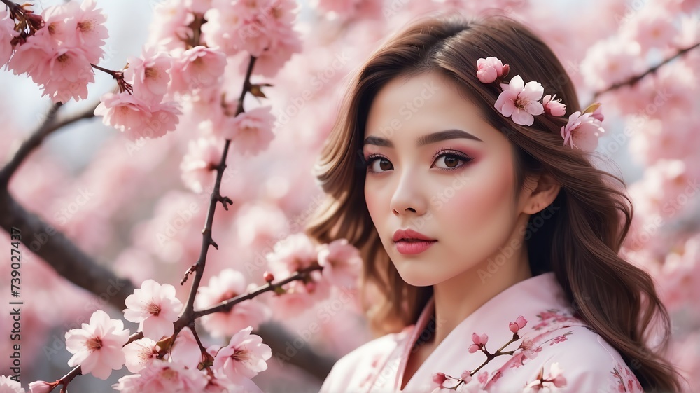 Portrait of a beautiful young woman dressed in concept of cherry blossoms season theme with flowers background from Generative AI Portrait of a beautiful young woman dressed in concept of cherry blossoms season theme with flowers background from Generative AI