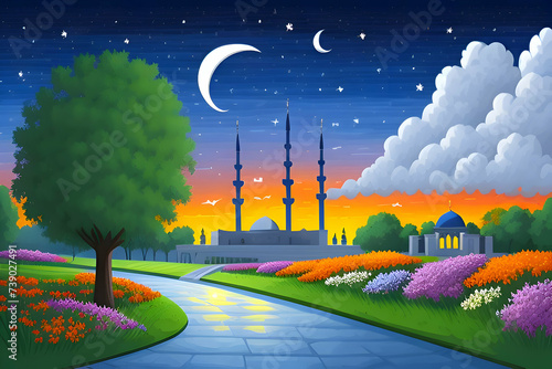 Beautiful and colorful illustration of a mosque with trees, flowers and peaceful sky, amazing, serene, tranquil, vibrant