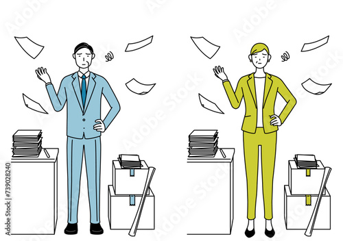 Simple line drawing illustration of businessman and businesswoman (senior, executive, manager) in a suit who is fed up with his unorganized business.