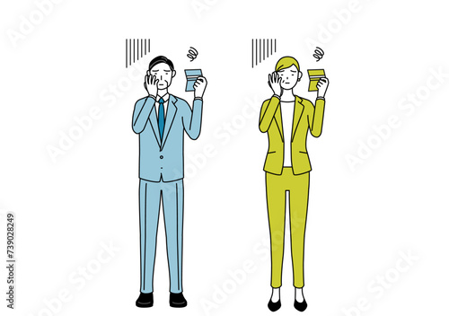 Simple line drawing illustration of businessman and businesswoman (senior, executive, manager) in a suit looking at his bankbook and feeling depressed.