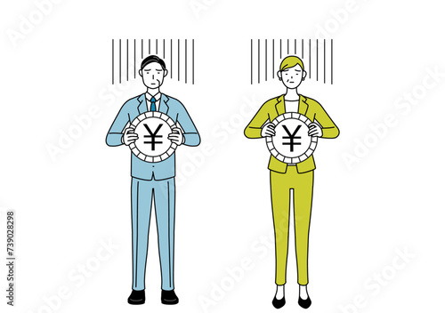 Simple line drawing illustration of businessman and businesswoman (senior, executive, manager) in a suit, an image of exchange loss or yen depreciation