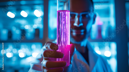 Scientist in the lab, holding a glass test tube with bright purple liquid