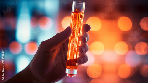 Scientist in the lab, holding a glass test tube with bright orange liquid