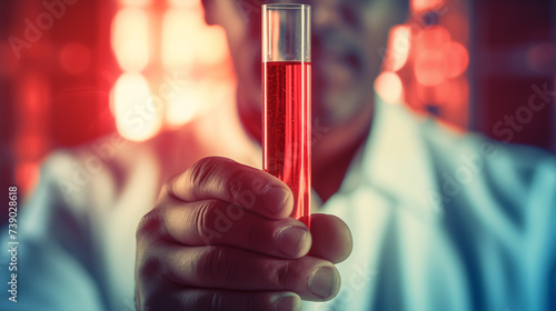 Scientist in the lab, holding a glass test tube with bright red liquid