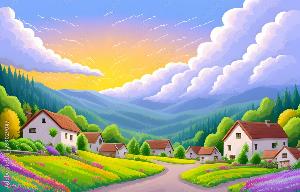 Beautiful and colorful illustration of a village with trees, flowers and peaceful sky, landscape, countryside, serene, tranquil, vibrant Beautiful and colorful illustration of a village with trees, flowers and peaceful sky, landscape, countryside, serene, tranquil, vibrant