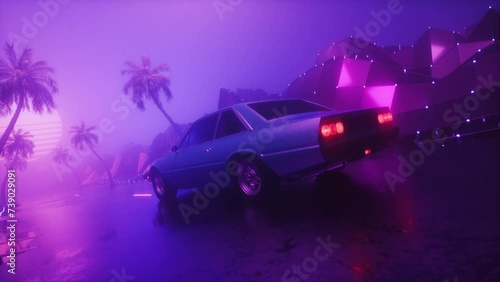 RetroWave Riding Car at Foggy Landscape SynthWave Style Background photo