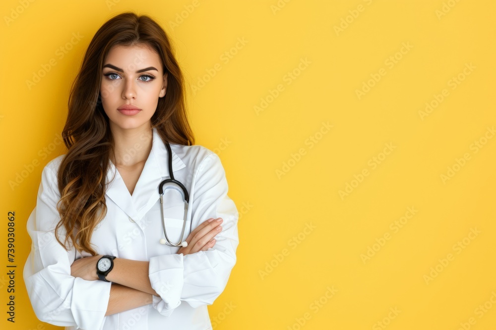 Confident young female physician stands with arms crossed, white lab coat draped over yellow backdrop, stethoscope around neck. Medical professional with curly hair in white attire exudes assurance Confident young female physician stands with arms crossed, white lab coat draped over yellow backdrop, stethoscope around neck. Medical professional with curly hair in white attire exudes assurance