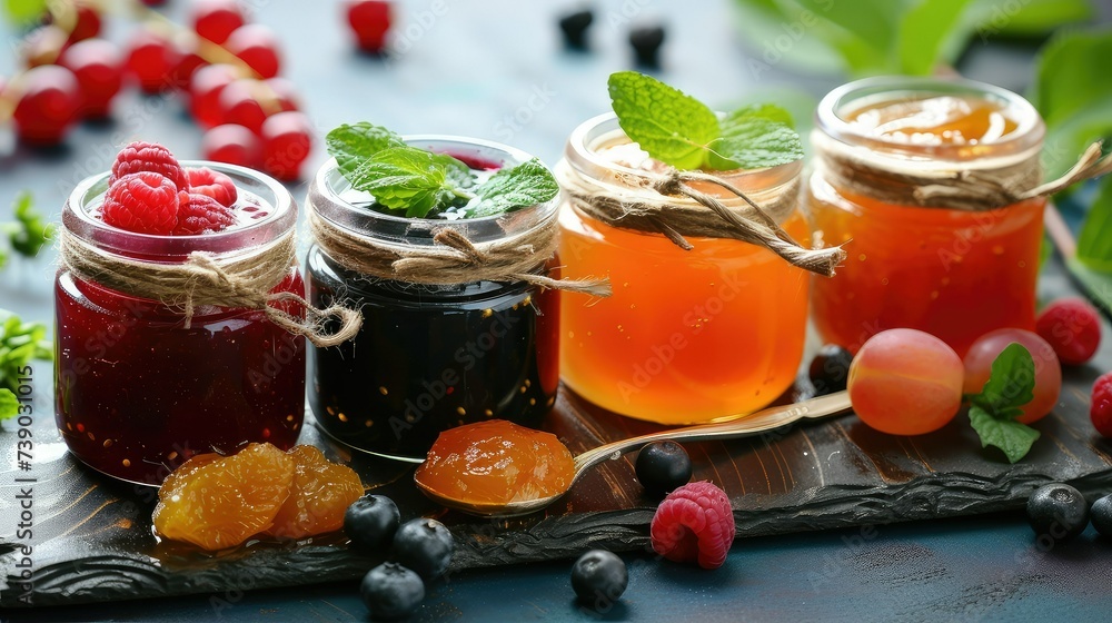 Assortment of summer seasonal berry and fruits jams in small jars, homemade preserving concept, marmalades or confitures with fresh berries on white background copy space Assortment of summer seasonal berry and fruits jams in small jars, homemade preserving concept, marmalades or confitures with fresh berries on white background copy space