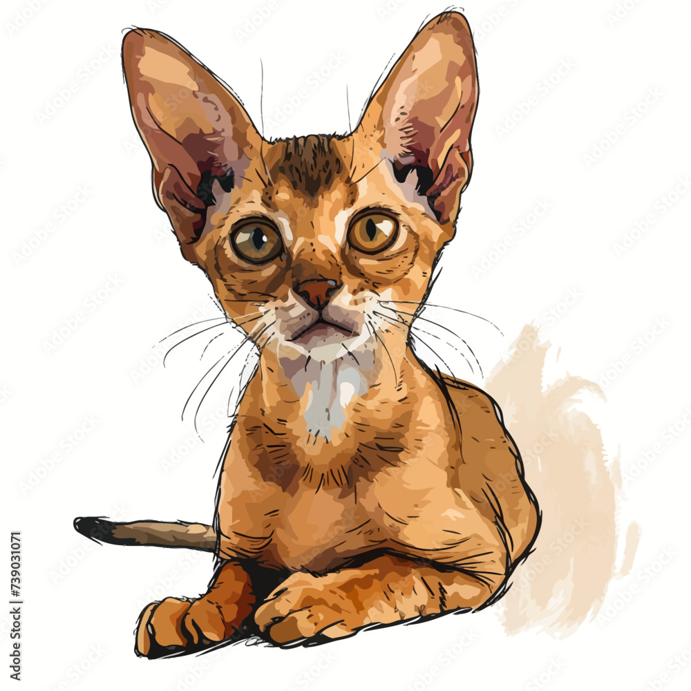 Cute Abyssinian kitten sitting and looking at camera. Vector illustration