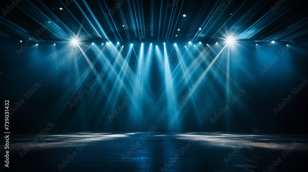 © TEERAPONG - Blue stage curtain with spotlights, theatrical lighting on empty platform, event backdrop, performance, spotlight effect, concert floor, theater stage art concept..