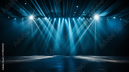 Blue stage curtain with spotlights, theatrical lighting on empty platform, event backdrop, performance, spotlight effect, concert floor, theater stage art concept..