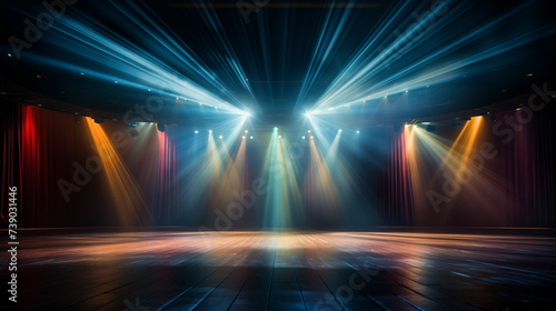 Blue stage curtain with spotlights, theatrical lighting on empty platform, event backdrop, performance, spotlight effect, concert floor, theater stage art concept..