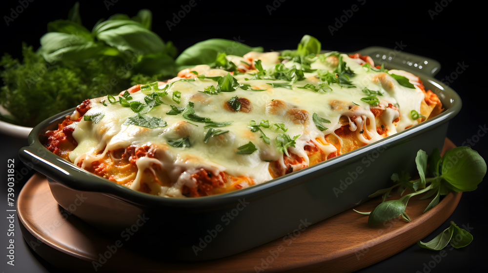 cooked lasagna in baking dish isolated on white
