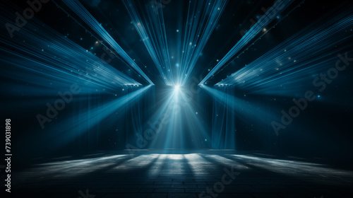 Blue stage curtain with spotlights. scene, stage light with colored spotlights and smoke. Stage on the dark floor with lights on the perimeter. theater stage Art concept. © TEERAPONG