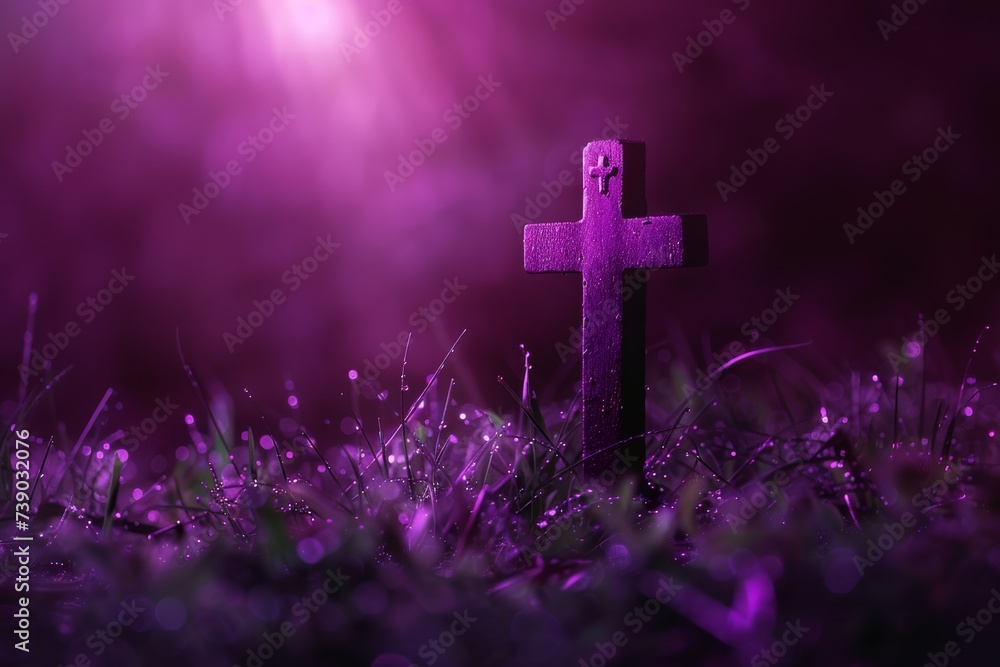 A mystical purple glow illuminates a lone cross in a field, casting an ethereal light over a symbol of faith and remembrance.
A mystical purple glow illuminates a lone cross in a field, casting an ethereal light over a symbol of faith and remembrance.