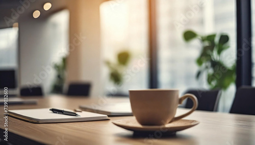 Blurry empty modern office conference room with clean, minimalistic design