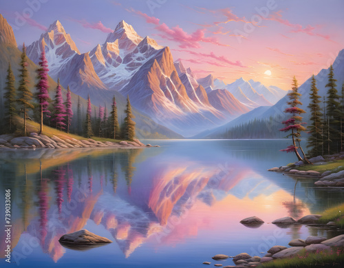 "Compose a breathtaking scene of a serene lake nestled against the backdrop of majestic mountains. Utilize the soft hues of dawn or dusk to paint the sky in hues of pinks, purples, and blues, reflecti © EA Studio