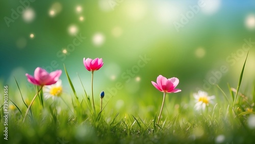 White spring flowers in the grass on bokeh background