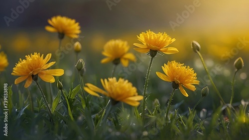 yellow flowers in the field with bokeh background 