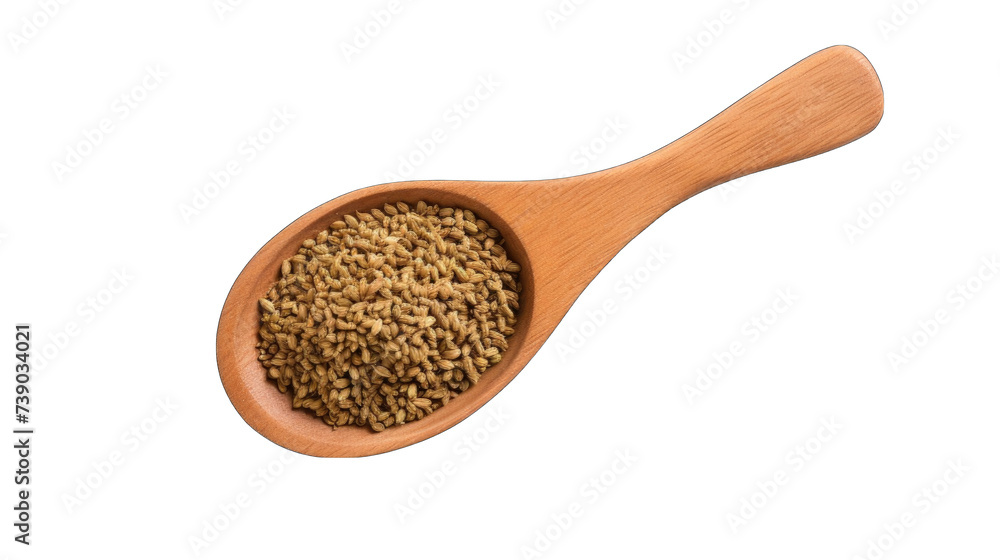 A wooden spoon filled with green coriander seeds. A wooden spoon filled with green coriander seeds.