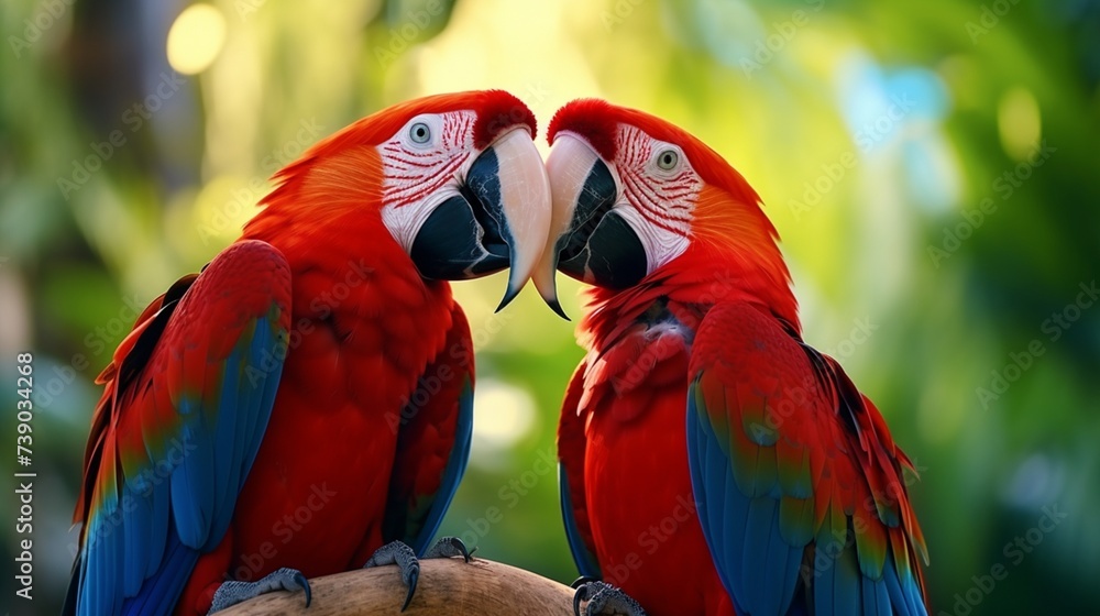 Red Macaw parrots up close in a tropical forest in the Caribbean. East of the Yucatan Peninsula, in the Mexican state of Quintana Roo, is Playa del Carmen.