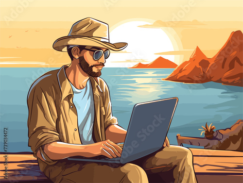 relax businessman working laptop on the beach