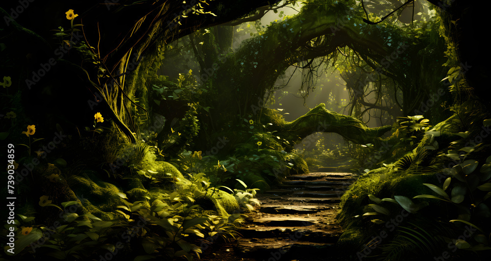 a dark woods filled with greenery and lots of trees