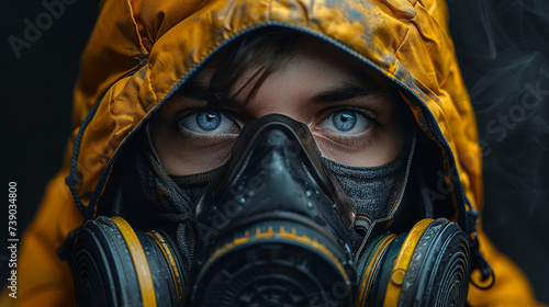 Close-up of the face of a person wearing a gas mask. Pollution concept.