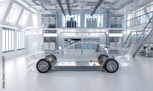 Electric car research and development with ev car with pack of battery cells module on platform in laboratory
