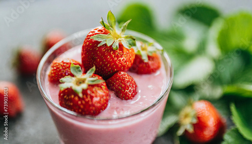 refreshing strawberry lassi in a clear glass, garnished with mint leaves, against a rustic backdrop