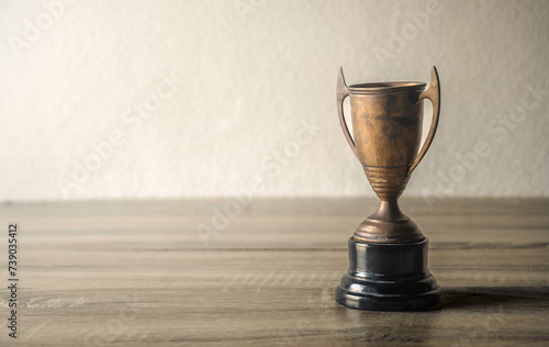 vintage champion golden trophy placed on wooden table
