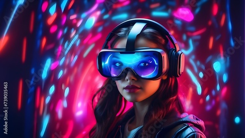 A young lady with virtual reality goggles on a futuristic neon backdrop, Virtual reality augmentation, © Adnan