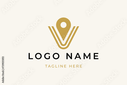 Letter v map pin logo design