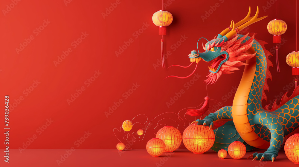 Chinese dragon poster with a red background and chinese paper lamps and dragon in front. Happy chinese new year concept. Space for your text. Flat cartoon style. Chinese dragon poster with a red background and chinese paper lamps and dragon in front. Happy chinese new year concept. Space for your text. Flat cartoon style.