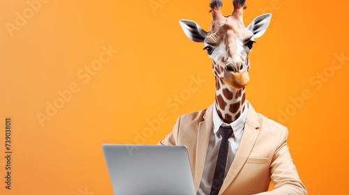 Giraffe in suit using a laptop while working on bright pastel background. advertisement. presentation. commercial. editorial. copy text space. photo