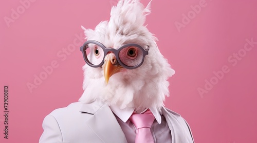 Chicken in suit businessman on bright pastel background. advertisement. presentation. commercial. editorial. copy text space.