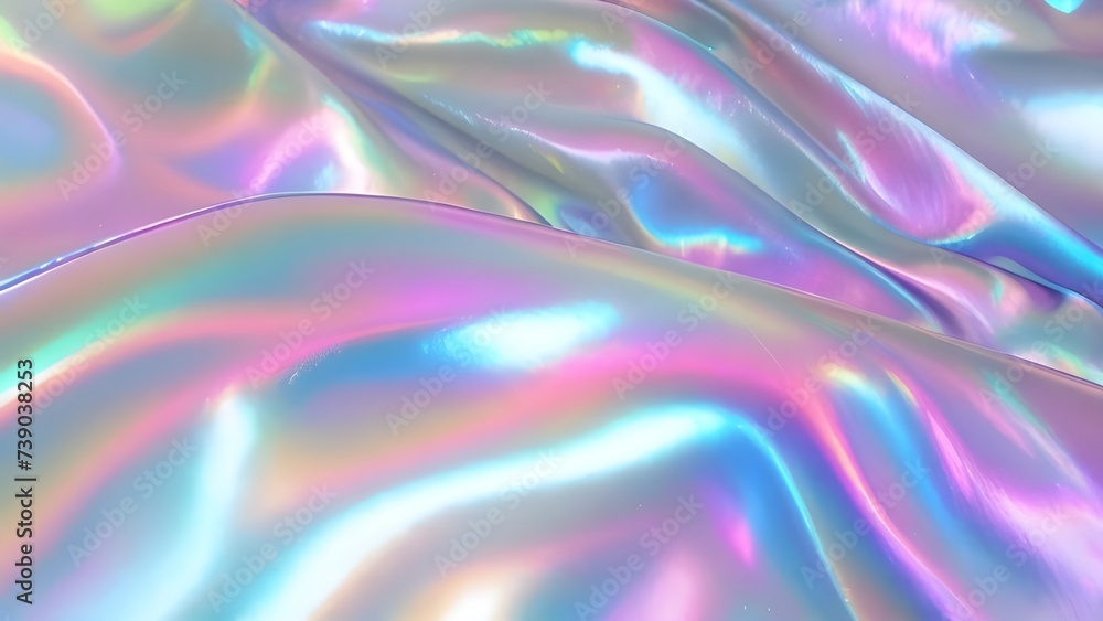 Obraz premium Holographic Iridescent fabric background. Shiny mother of pearl fabric, bright multi-colored fabric