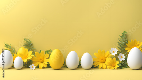 3D easter day yellow background in floral arrangement around flowers and eggs, unique composition. Concept of simple modern minimalist easter day good friday banner.