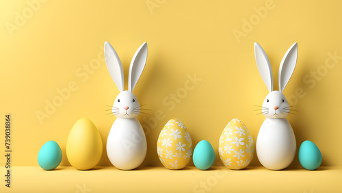 3D Easter Day Yellow Background Featuring Floral Arrangement Including Flowers and Eggs. Illustrating a Unique Composition for a Simple Modern Minimalist Easter Day Good Friday Banner Concept.