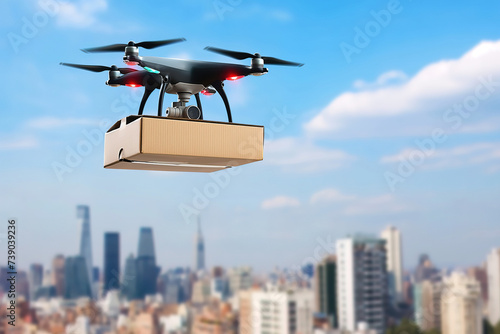 Drone package delivery, UAV flying and carrying a box - parcel shipping logistics futuristic concept, cargo delivery service